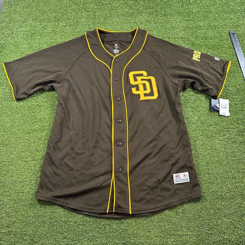 True Fan San Diego Padres Button Up Baseball Jersey Mens L Brown Gold MLB NWT